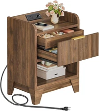 Fluted Nightstand with Charging Station, End Table with Hidden Drawer, Modern Be