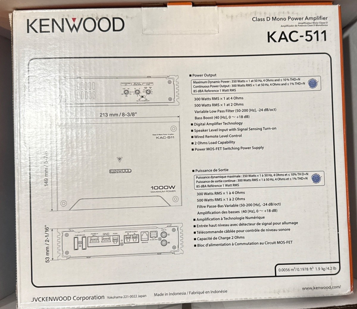 Kenwood KAC-511 Mono Amplifier 1000W Max Class D Car Sub Amp w