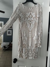 Women’s S Beige/White Floral Lace Lined Sheath Dress Cowl Back Long Sleeve