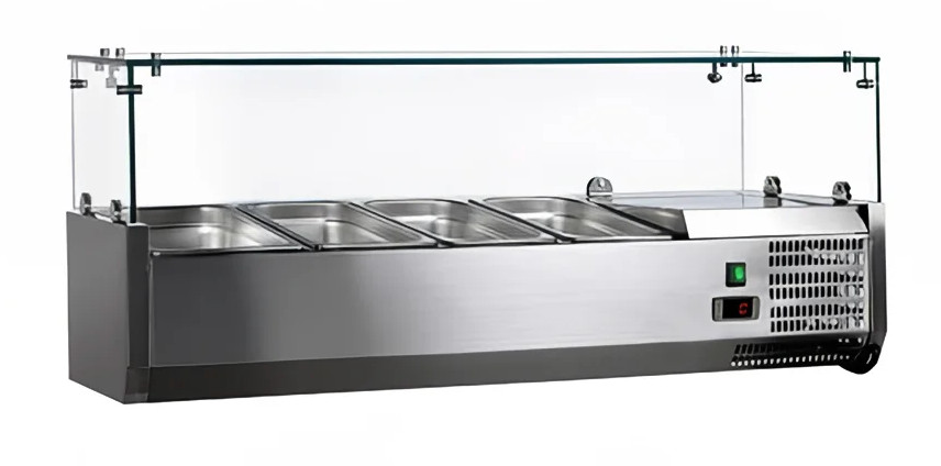 NEW 47" Refrigerated Pizza Sandwich Topping Rail & Glass Sneeze Guard Omcan