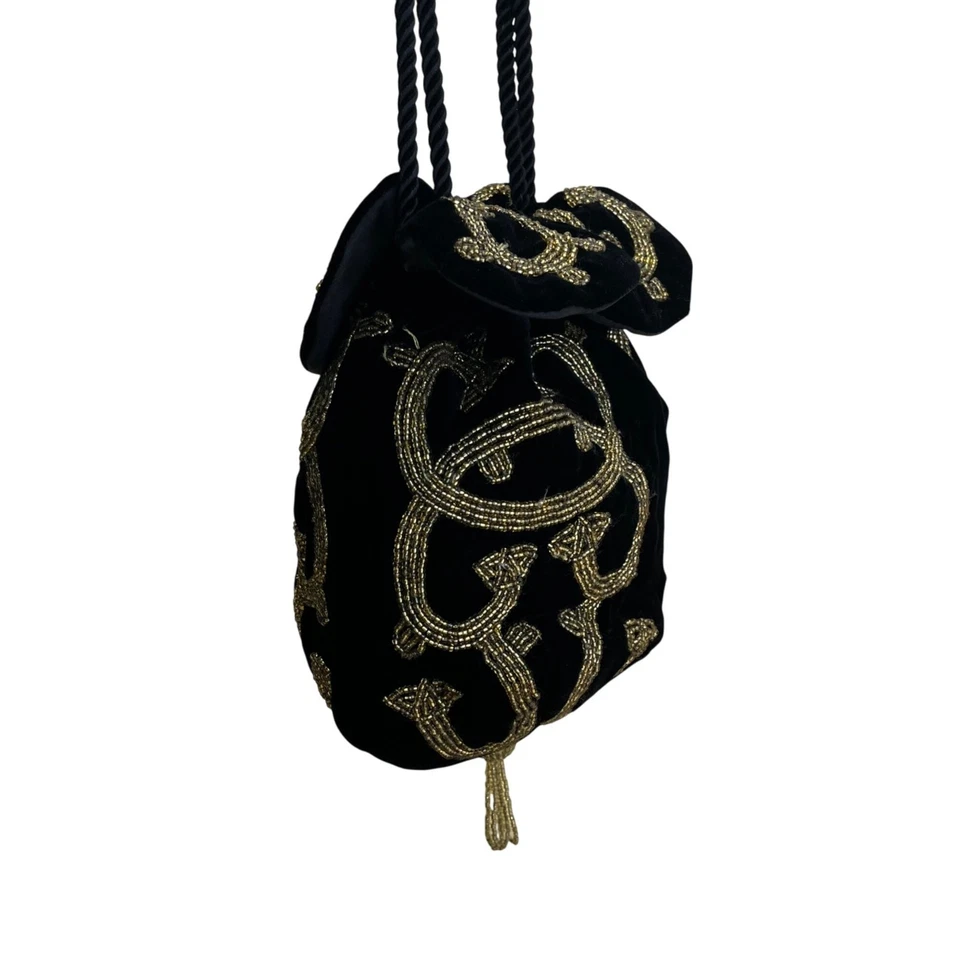 Black Velvet Drawstring Pouch Bag With Gold Beaded Design & Braided Shoulder Str - Image 2 of 4