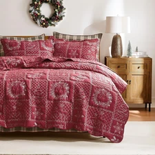 Christmas Queen Size Quilt Bedding Sets with 2 Shams, Red Patchwork Soft Lightwe