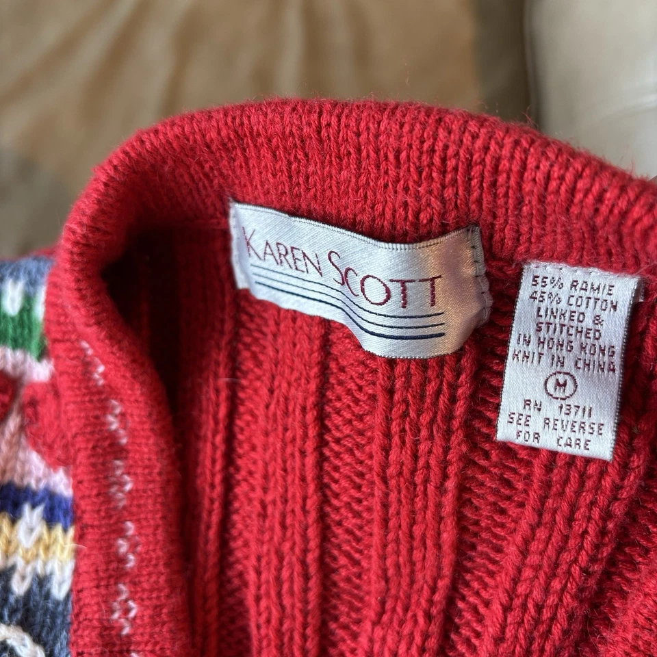 De Colección Karen Scott Rojo Suéter Chaleco Grueso Isla Justa Corazones Flores Talla M Vacaciones Foto 3 de 4