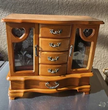 Vtg Multi Compartment Wooden Jewelry Box Rose Etched Glass Doors&Mirrors 12"x13"