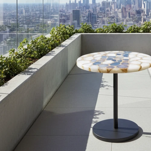 15" Round Quartz & Multicolor Agate Table – Stone Inlay Coffee Table Luxe Decors - Image 3 of 4