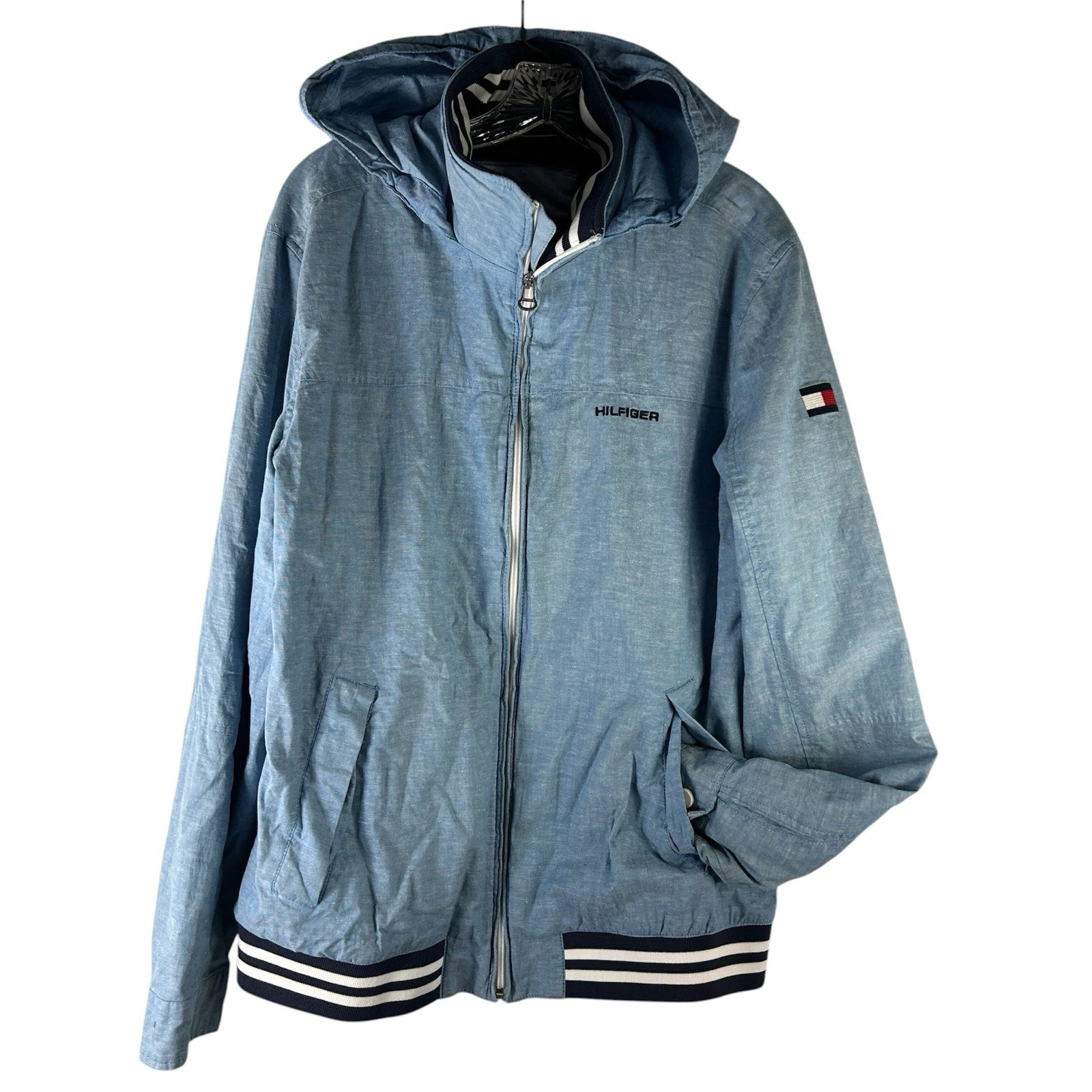 Tommy Hilfiger Hooded Jacket Blue Linen y2k Zip Logo Mens Medium hip hop 90s
Opens in a new window o
