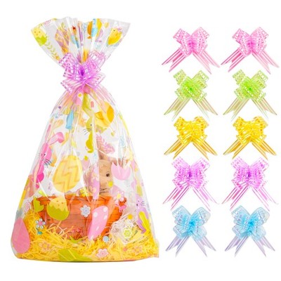 10 Pcs 16x24 Inch Easter Cellophane Wrap Plastic Bags w/ 10 Pcs Easter Pull Box