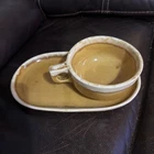 Hull Pottery Tan Drip Glaze Soup Bowl And Luncheon Plate Set Vintage