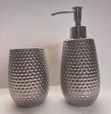 2 piece bathroom accessory set Silver Hammer Metaled Soap Dispenser Tumbler