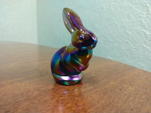 Vintage Fenton Bunny Rabbit Carnival Glass 2.75” Figurine Iridescent Handmade
