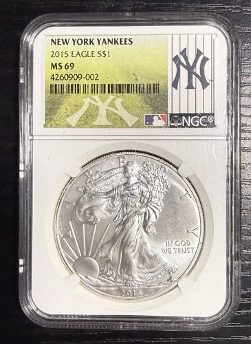 2015 American Silver Eagle MS 69 NGC New York Yankees Label