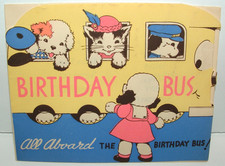 Dressed Cats Dogs Bus Lift-up Cats - 1940s Vintage Rust Craft Birthday Card