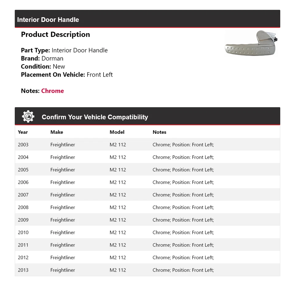 Manija de puerta interior delantera izquierda 2004 para Freightliner M2 112 Dorman 2003-2013 Foto 2 de 4
