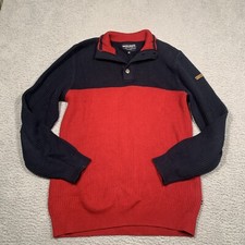 Nautica Jeans Co. Men's Ribbed Knit Sweater Red Blue 1/4 Button Collar XL VTG