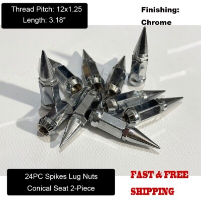 24Pc Chrome 3.18'' Spike Lug Nuts 12x1.25 Cone Seat For Nissan Armada Frontier