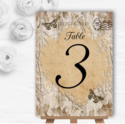 Weiße Rosen Vintage Shabby Chic Postkarte Hochzeit Tischnummer Namenskarten