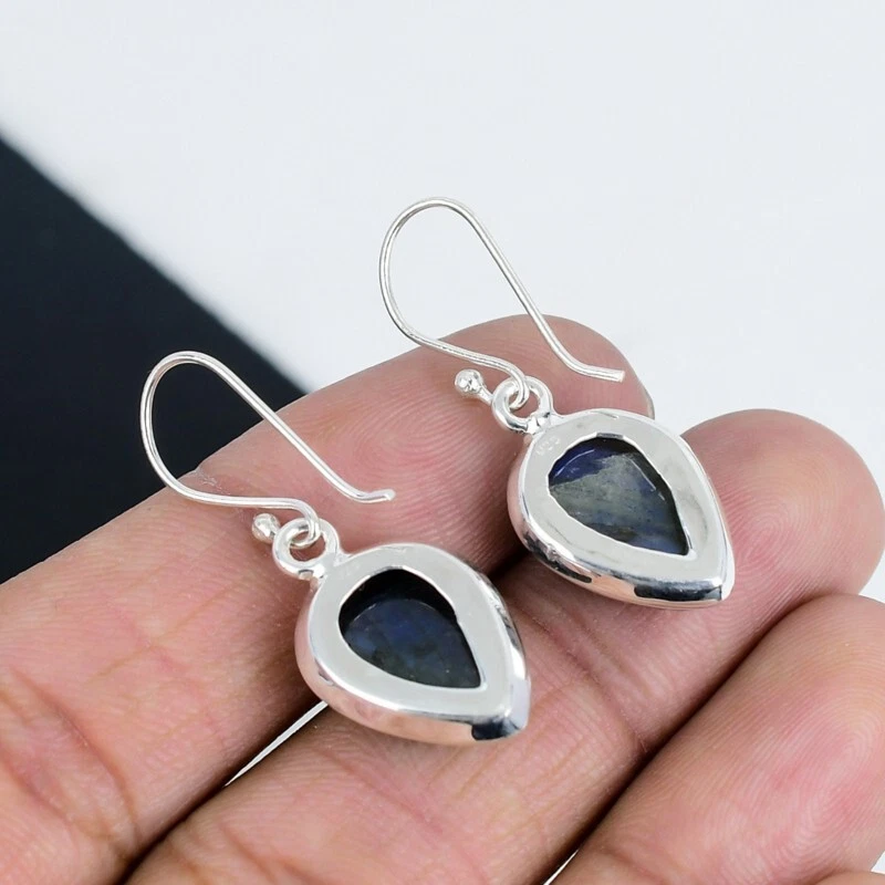 Naturale Pietra Labradorite Gancio Orecchino 925 Argento Sterling Mano Gioielli - Immagine 3 di 4