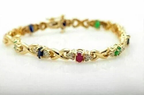 4Ct Round Cut Lab Created Red Ruby Womens Tennis Bracelet 14K Yell Gold Plated7" - Image 2 of 4