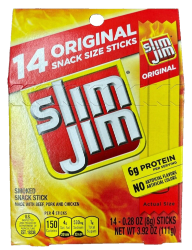 NEW SLIM JIM 14 ORIGINAL SMOKED MEAT SNACK SIZE STICKS 3.92 OZ (111g) BOX BUY IT - Picture 1 of 2