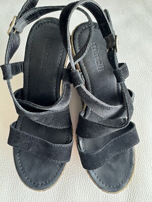 Minelli Italy Black Suede Leather Platform Wedge Sandal Womens Size 38.5