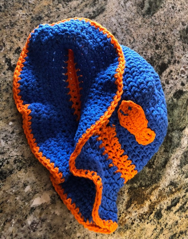 NEW Hand Crocheted Baby Bucket Hat, 0-3 Month-Newborn. Blue w/Orange Trim. Fish.
