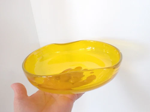 Vintage Venetian Murano Italian Glass  Bowl Yellow Transparent Folded Sides MCM