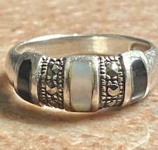 Vintage Sterling Ring With Onyx, Mother Of Pearl And Marcasite Size 6.5