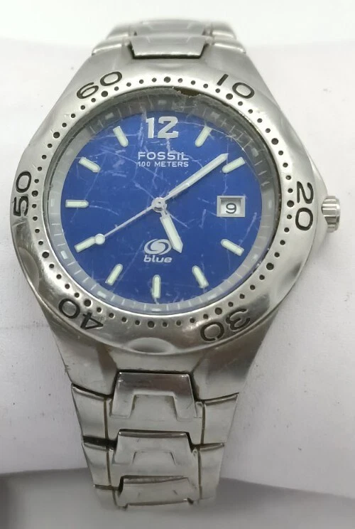 Men Fossil Blue Watch Am3421 Silver Steel Case Date Ind Bracelet  