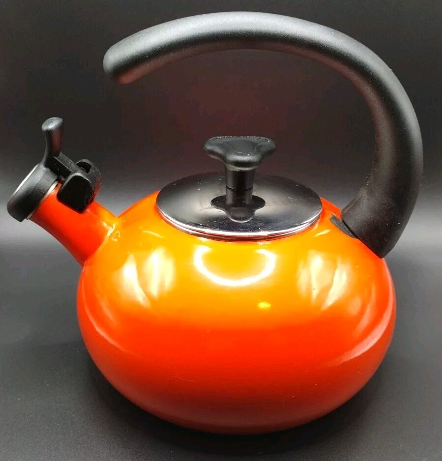 Rachael Ray 1.5 Quart Orange Enamel Whistling Tea Kettle Hook Handle eBay