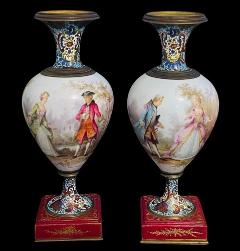 ANTIQUE PAIR PORCELAIN STYLE SEVRES CHAMPLEVE FRENCH URNS