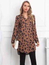 Leopard Print Notched Collar Dress, Casual Long Sleeve
