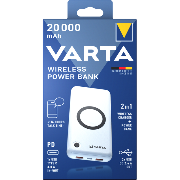 Varta Wireless Power Bank 20000Mah Box Powerbank Kabellos Laden Batterie Reisen-image