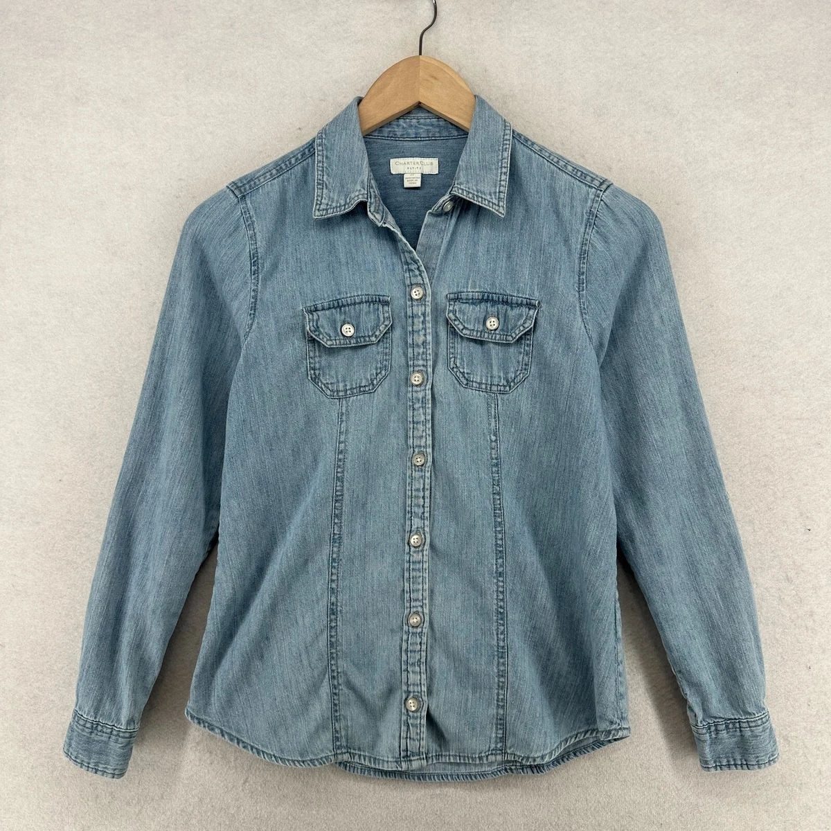 CHARTER CLUB DENIM Shirt Women 2P Chambray Button Front Long Sleeve Cotton  Blue | eBay