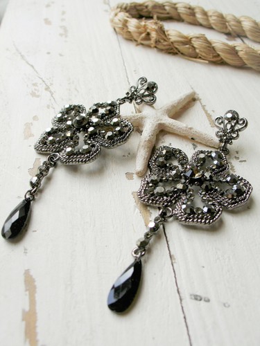 Long Bohemian Black Daisy Flower Austrian Crystal Earrings 3.6" long - Picture 2 of 6