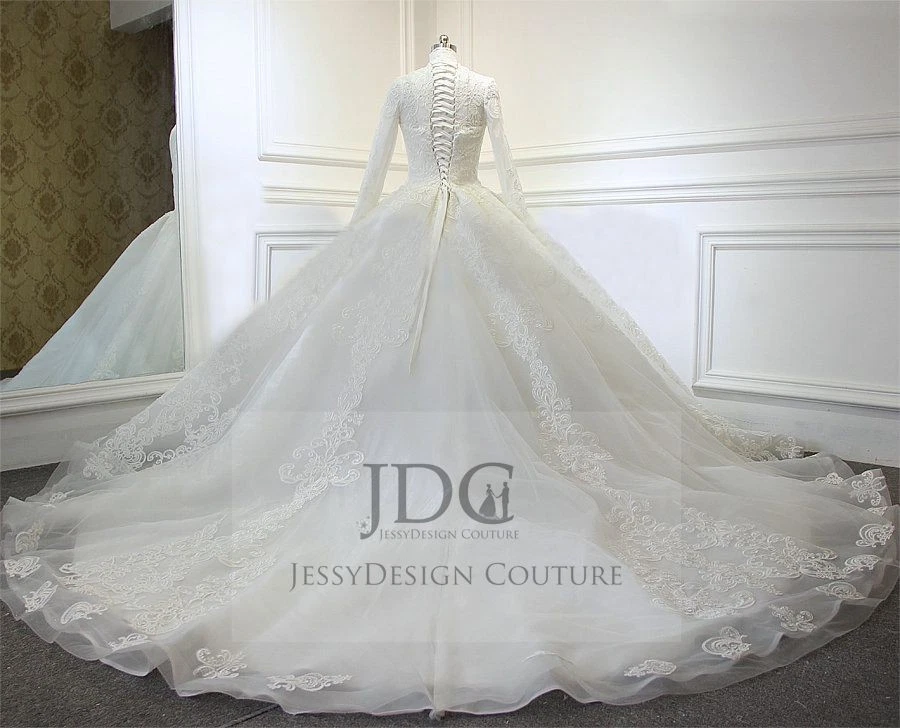 Muslim Spitze Brautkleid Hochzeitskleid Langarm Knöpfe n.Maß Ivory Ballkleid - Bild 3 von 4