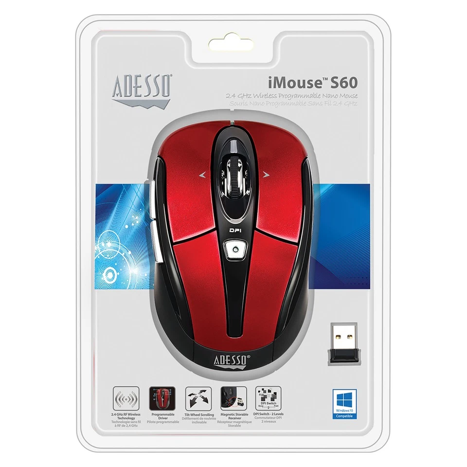 ADESSO IMOUSES60R RED 2.4GHZ WIRELESS OPTICAL MINI MOUSE PROGRAMMABLE DRIVER - Image 3 of 4