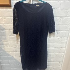 Dana Buchman Sheath Dress Navy Blue Lace Floral Short Sleeve Size L