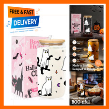 Halloween Ghost Cat Glass Cup 16oz Iced Coffee Mug with Lid and Straw for Party