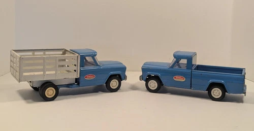 TONKA STAKE BED & PICK UP FARM TRUCKS PRESSED STEEL BLUE AND WHITE COMPLETE