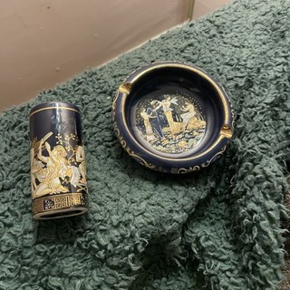 Vintage Greek Blue Ceramic Ashtray and lighter case24k Gold classic detailing