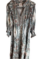 Umgee Kasey Floral Paisley Cotton Tiered Midi Dress Puff Sleeve Medium Boho