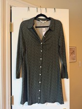 American Eagle Long Sleeve Button-Front Shirt Dress in Green Polka Dot Print
