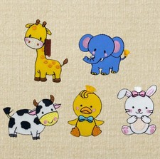 5pc Animal Iron On Patches 2 inch Embroidered Giraffe Elephant Cow Duck Bunny