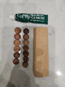 VINTAGE BILLIARD POOL CUE TIP REPAIR KIT WITH 13 TIPS, GLUE, AND SANDPAPER