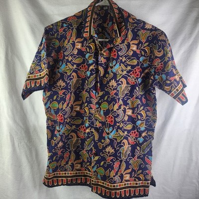 Vintage Sinar Pagi Singapore Batik Shirt Unisex S Floral Navy Blue 80s/90s