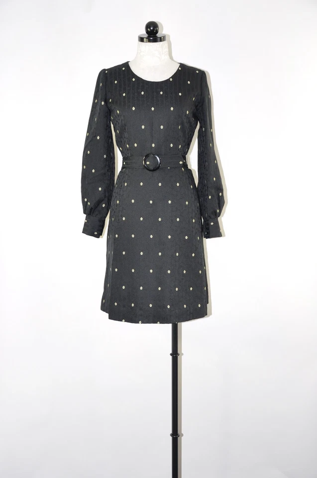 60s Vintage Black Floral Damask Jacquard Poet Sleeve Belted Shift Dress Women S - Image 2 of 4