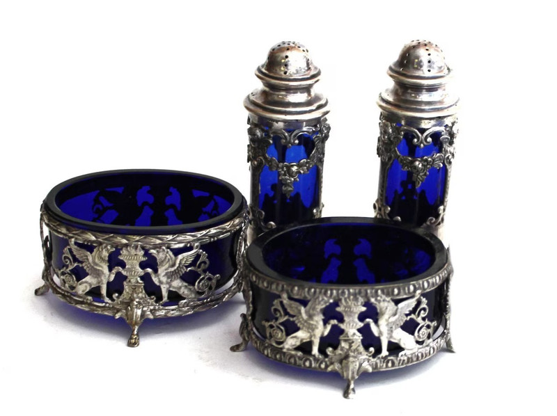 Antique Siver Cobalt Blue Glass Liner Salt Cellars Pepper Shakers Set Urn Griffi