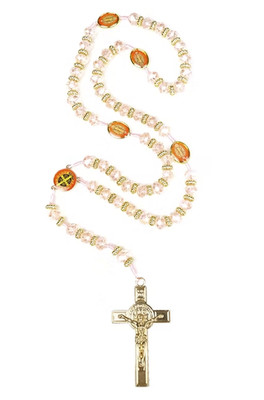 St. Benedict Rosary Necklace with Pink Crystal Shiny Beads and Gold Metal Cross