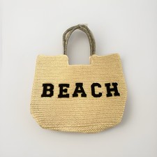 Beige Beach Woven Tote Bag "BEACH" Text, Lined, Snap Closure, Double Handles