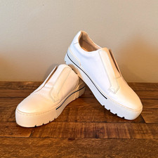 J/Slides Women  s White Leather Platform Slip On Comfort Sneakers Size 8
